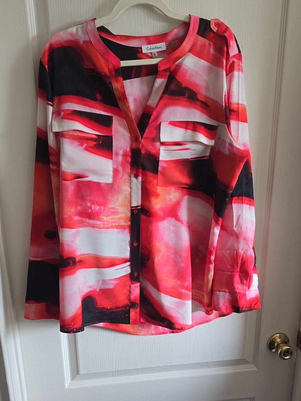 Calvin Klein Red Pink Black and White Watercolor Print Button-Down Blouse